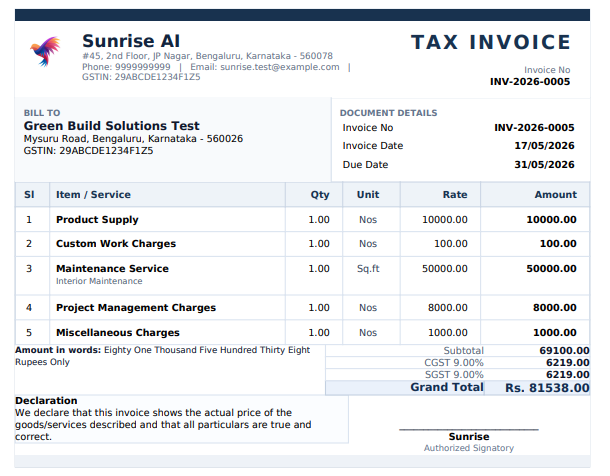 Goalync MyBilling tax invoice preview