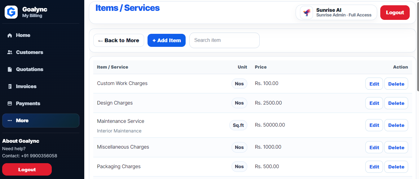Goalync MyBilling items and services page